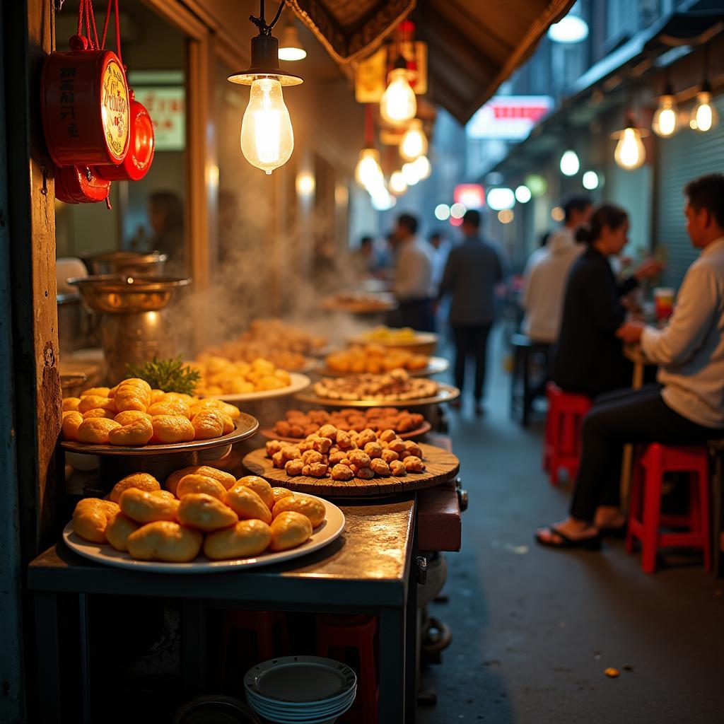 Cận cảnh một quán ăn vỉa hè trong ngõ nhỏ ở Cầu Giấy với các món ăn vặt hấp dẫn