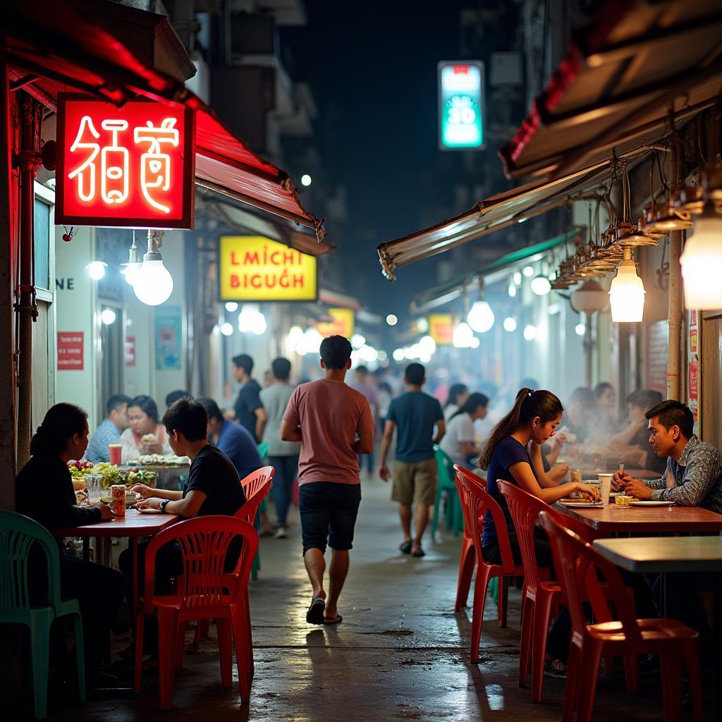 Khung cảnh một con hẻm ẩm thực đường phố sầm uất gần Phường Khánh Hội với nhiều hàng quán và thực khách