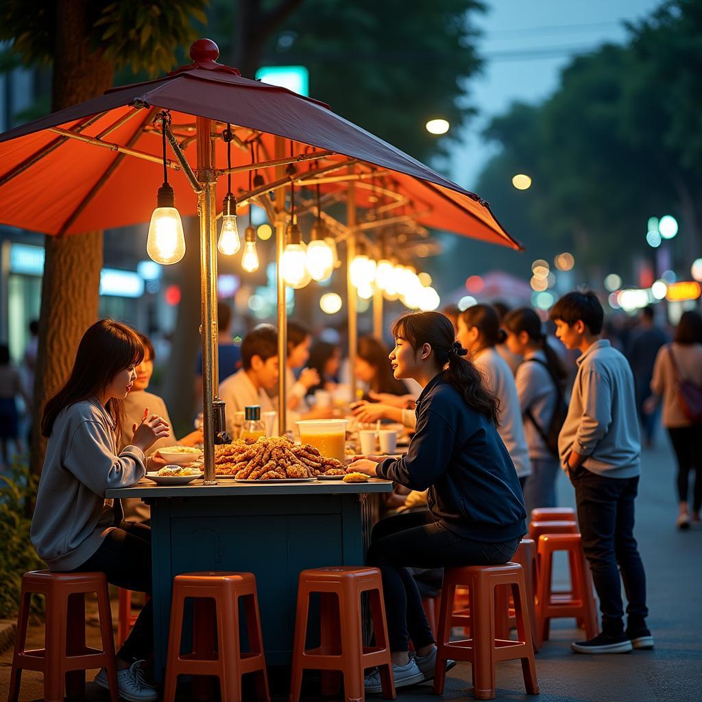 Cận cảnh một quán ăn vỉa hè nhộn nhịp trên Phố Trần Quốc Hoàn với nhiều món ăn vặt hấp dẫn cho sinh viên.