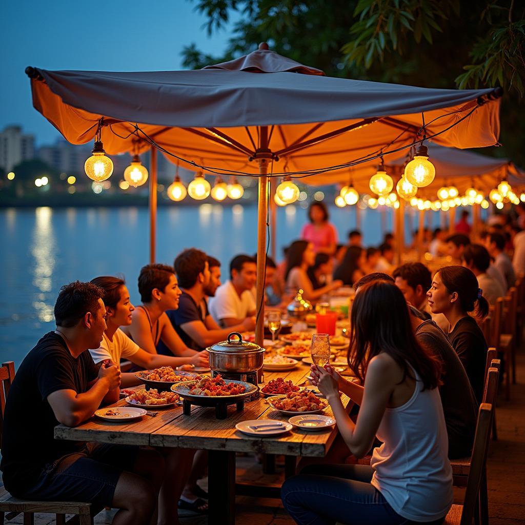 Quán ăn hải sản tấp nập khách về đêm bên bờ kè sông Sài Gòn tại Phường Bình Lợi Trung.