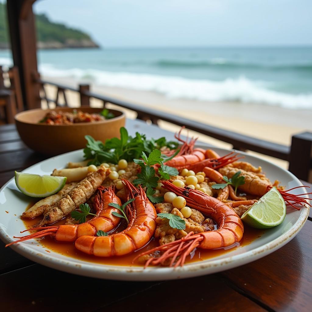 Thưởng thức ẩm thực hải sản tươi sống đặc sản tại các nhà hàng ven biển Xã Hồ Tràm.