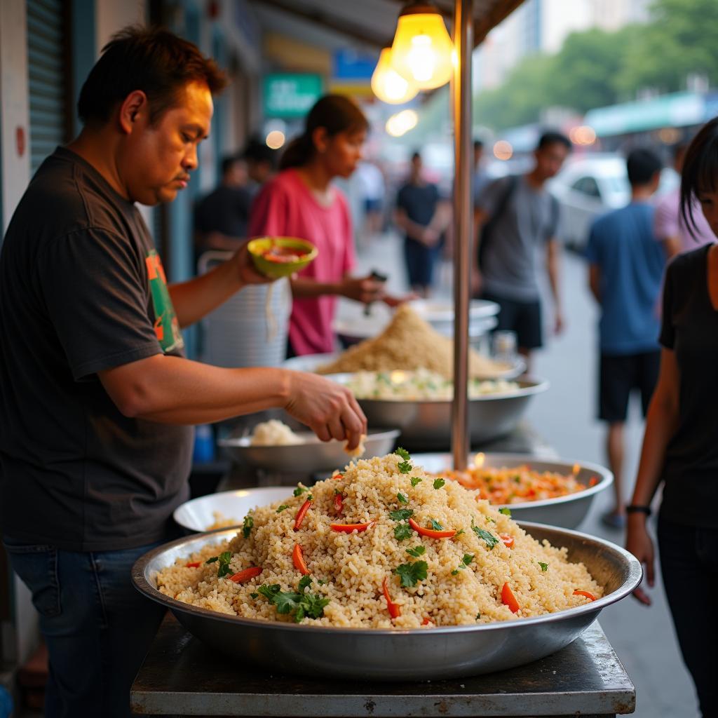 Gánh hàng rong bán bánh tráng trộn trên vỉa hè đông đúc tại Phường Bình Thạnh Quận Bình Thạnh Hồ Chí Minh