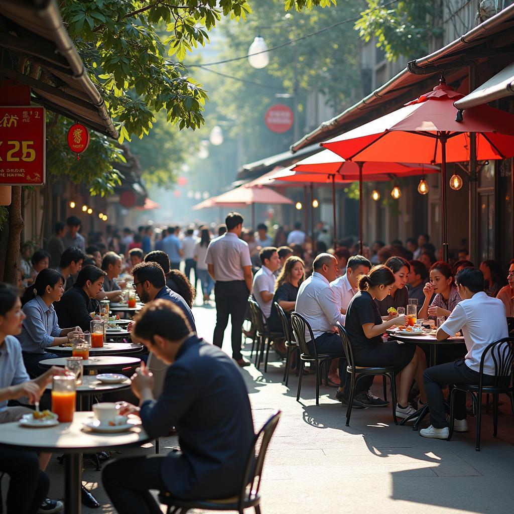 Khung cảnh ẩm thực sôi động gần 326 Lê Trọng Tấn với nhiều quán ăn, quán cà phê tấp nập nhân viên văn phòng.