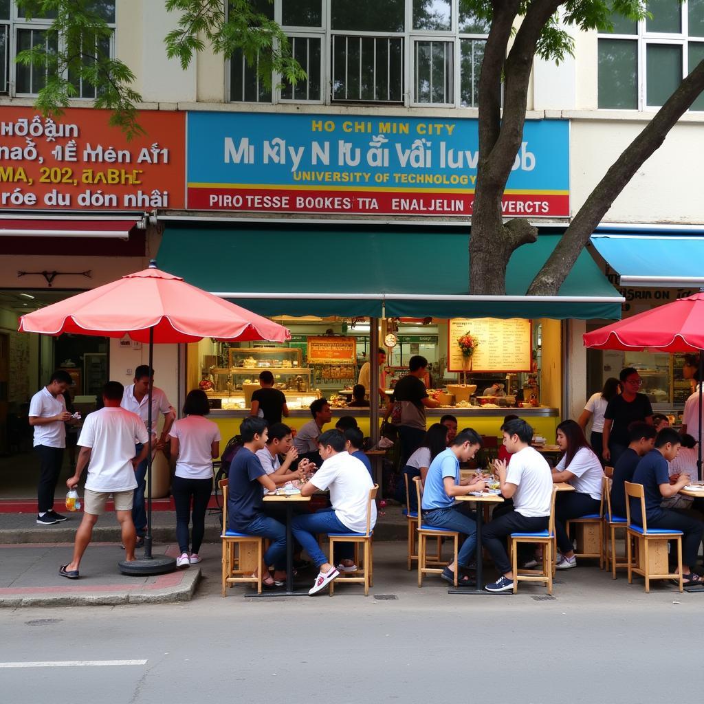 Khu vực ăn uống và các tiện ích sầm uất xung quanh cổng Trường ĐH Bách Khoa TP HCM tại 268 Lý Thường Kiệt