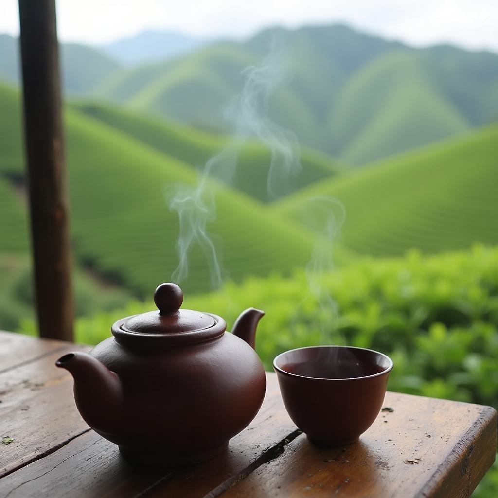 Một ấm trà nóng bốc khói nghi ngút được đặt trên bàn gỗ giữa không gian đồi chè xanh tại Xã Tân Cương, Tỉnh Thái Nguyên