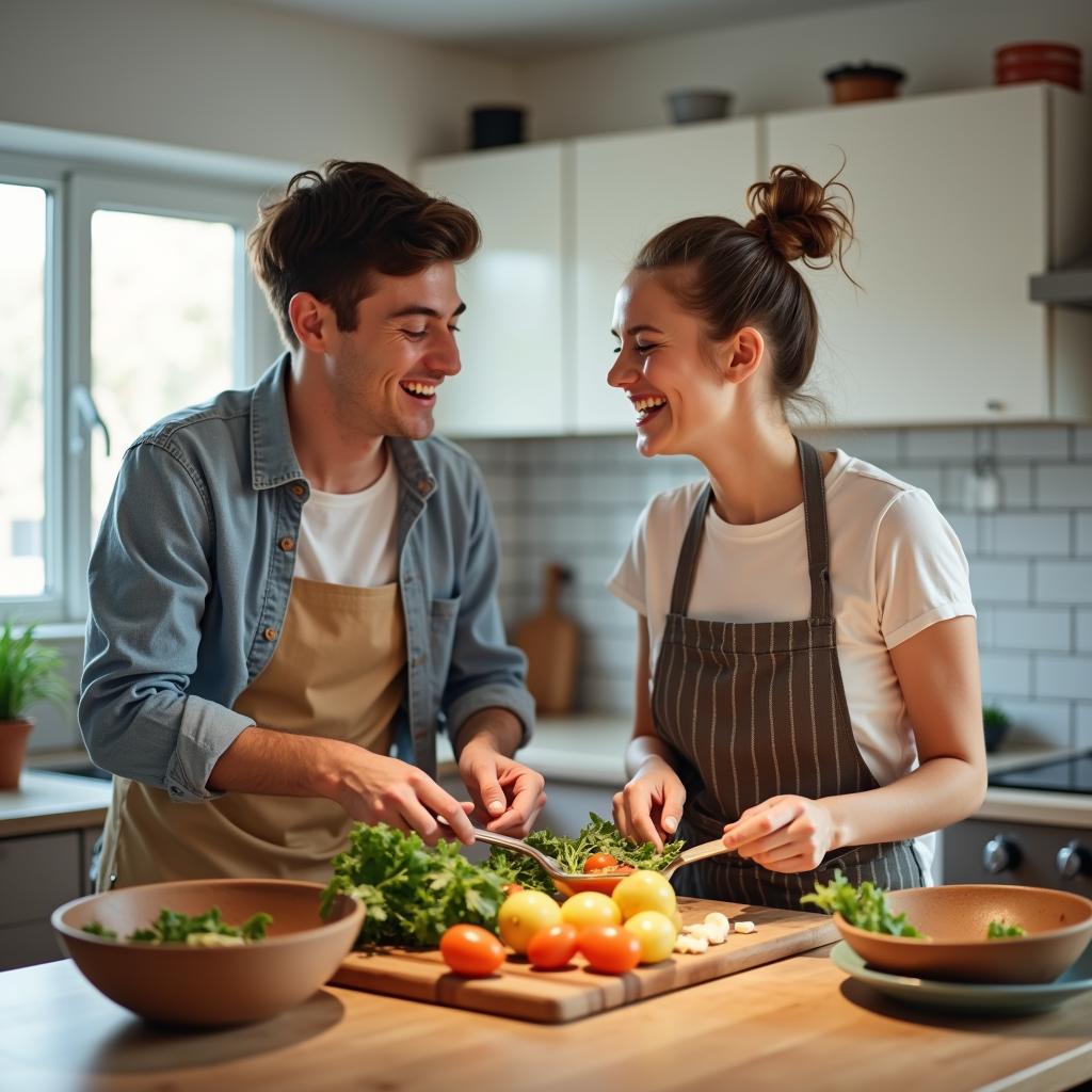 Hai anh chị em đang cùng nhau hợp tác vui vẻ trong nhà bếp, thể hiện sự gắn kết thông qua lời khen chê thông minh và tích cực