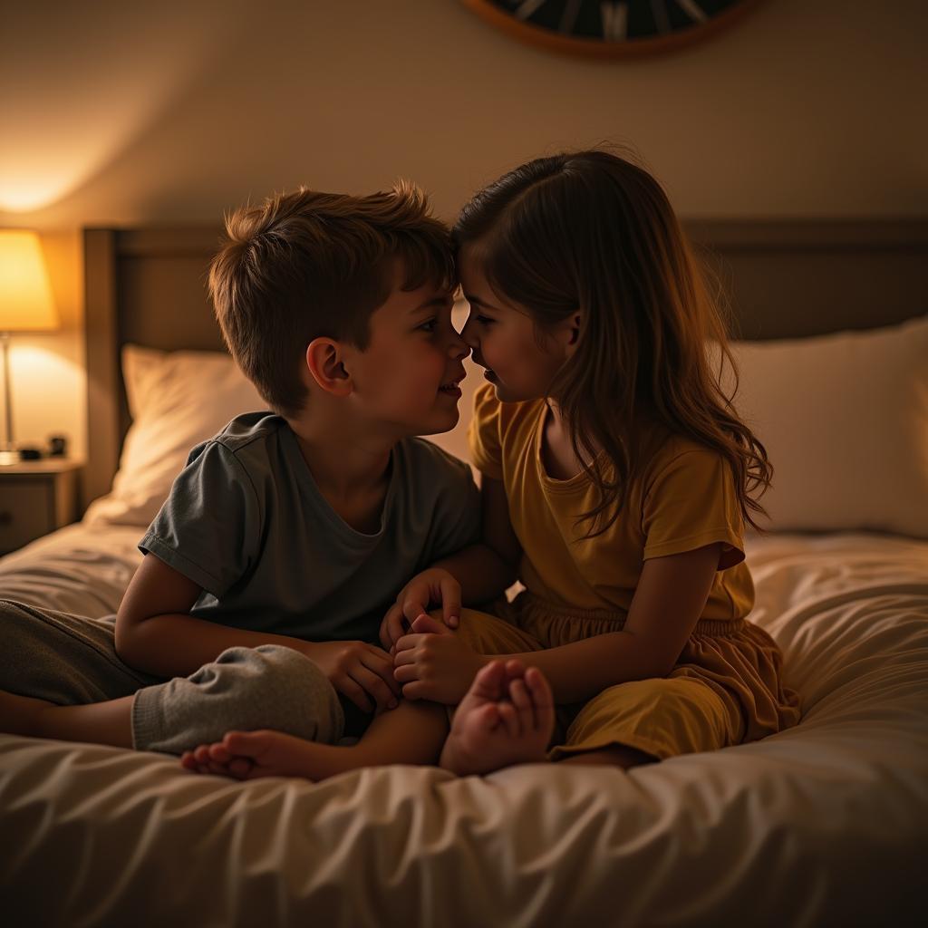Hai anh chị em ngồi trên giường và thì thầm chia sẻ bí mật với nhau, không gian ấm cúng tạo cảm giác tin tưởng và thân mật