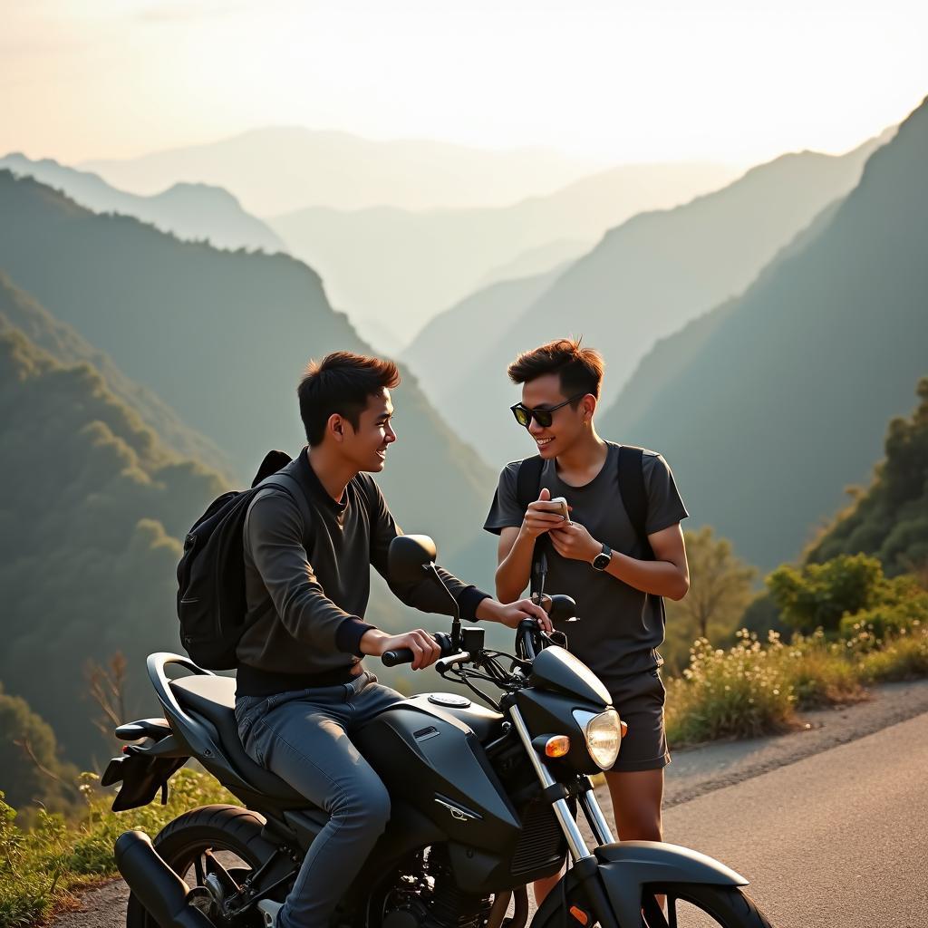 Hai anh em trai đi phượt xe máy trên cung đường núi, một hoạt động gắn kết giúp vun đắp tình bạn thân thiết và bền chặt.