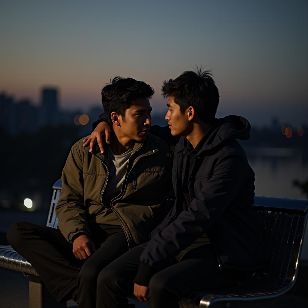 Hai người anh em tri kỷ ngồi bên nhau, một người an ủi người kia trong lúc khó khăn, thể hiện tình bạn vượt qua giông bão.