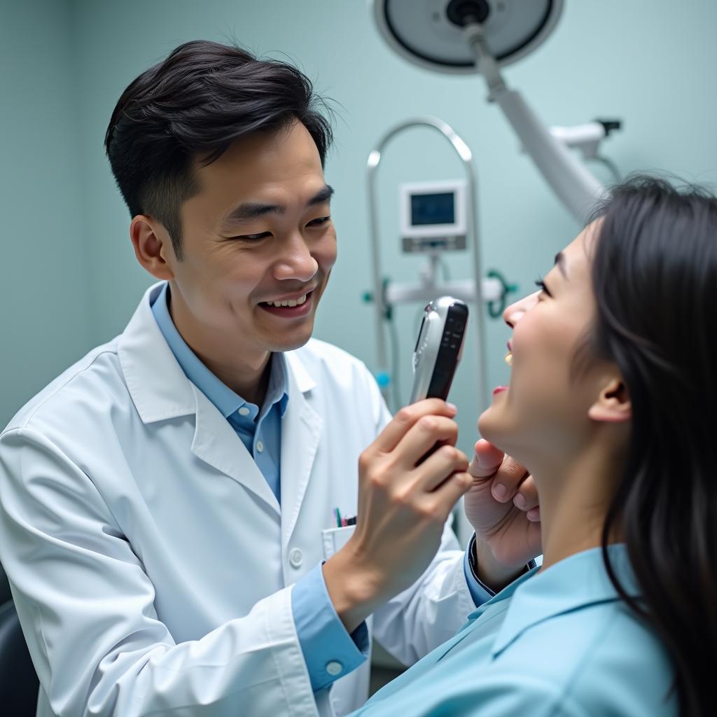 Bác sĩ chuyên khoa tai mũi họng đang tận tâm thăm khám cho một bệnh nhân tại bệnh viện.