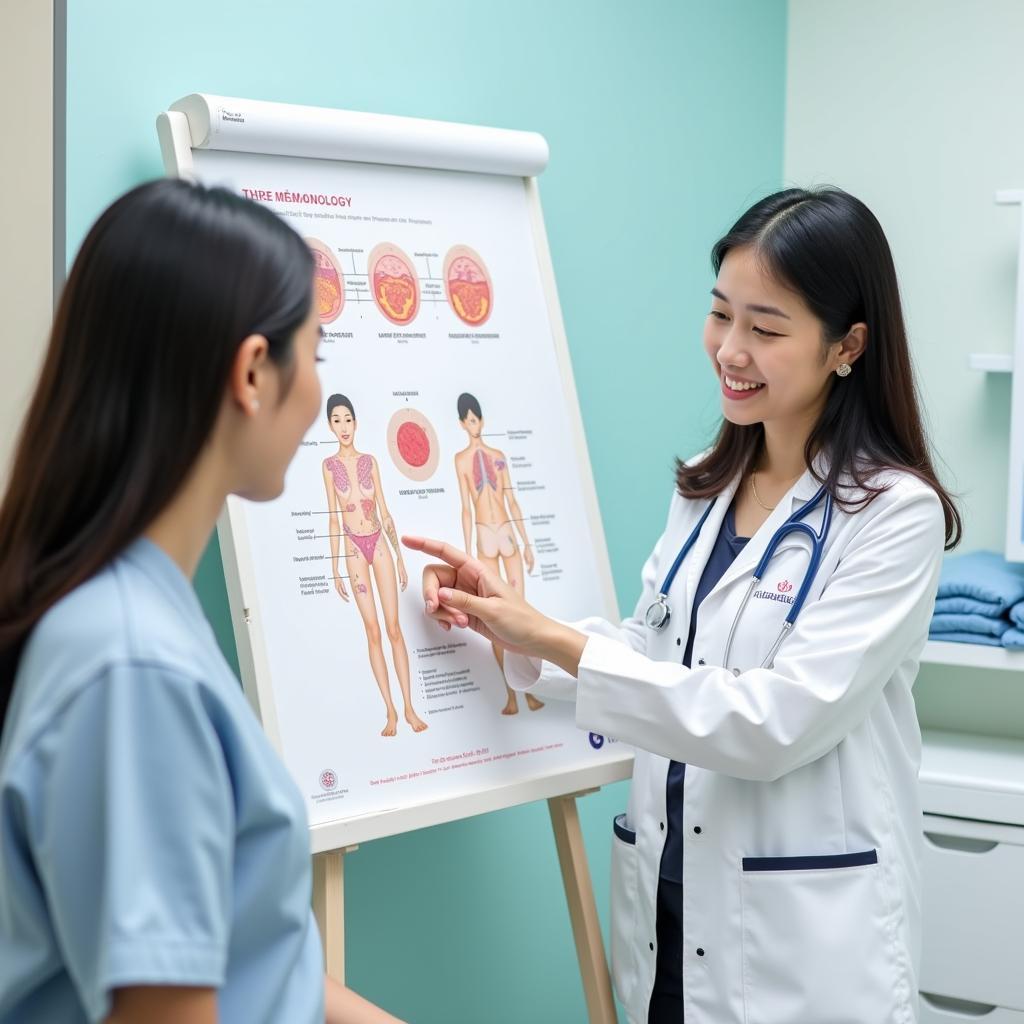 Bác sĩ chuyên khoa đang tư vấn tận tình cho bệnh nhân về các vấn đề da liễu tại phòng khám ở Quy Nhơn