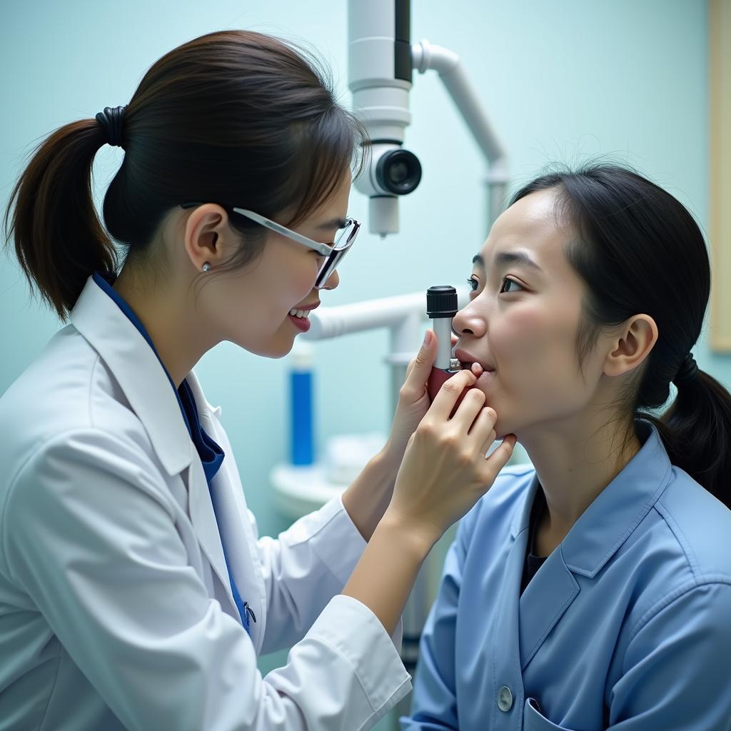 Bác sĩ chuyên khoa khám tai mũi họng cho bệnh nhân tại phòng khám