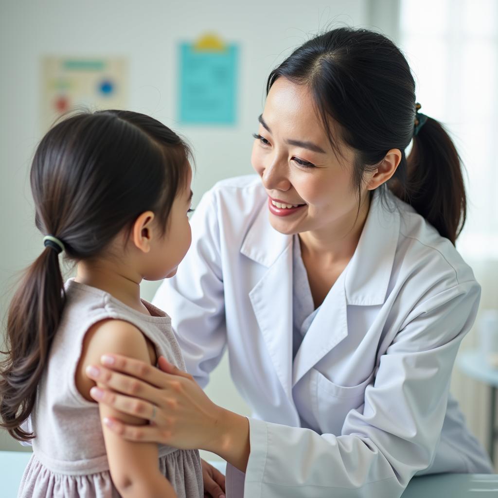 Bác sĩ nhi khoa tại Phòng khám Phúc Lâm nhẹ nhàng khám bệnh cho bé, thể hiện sự tận tâm và chuyên môn