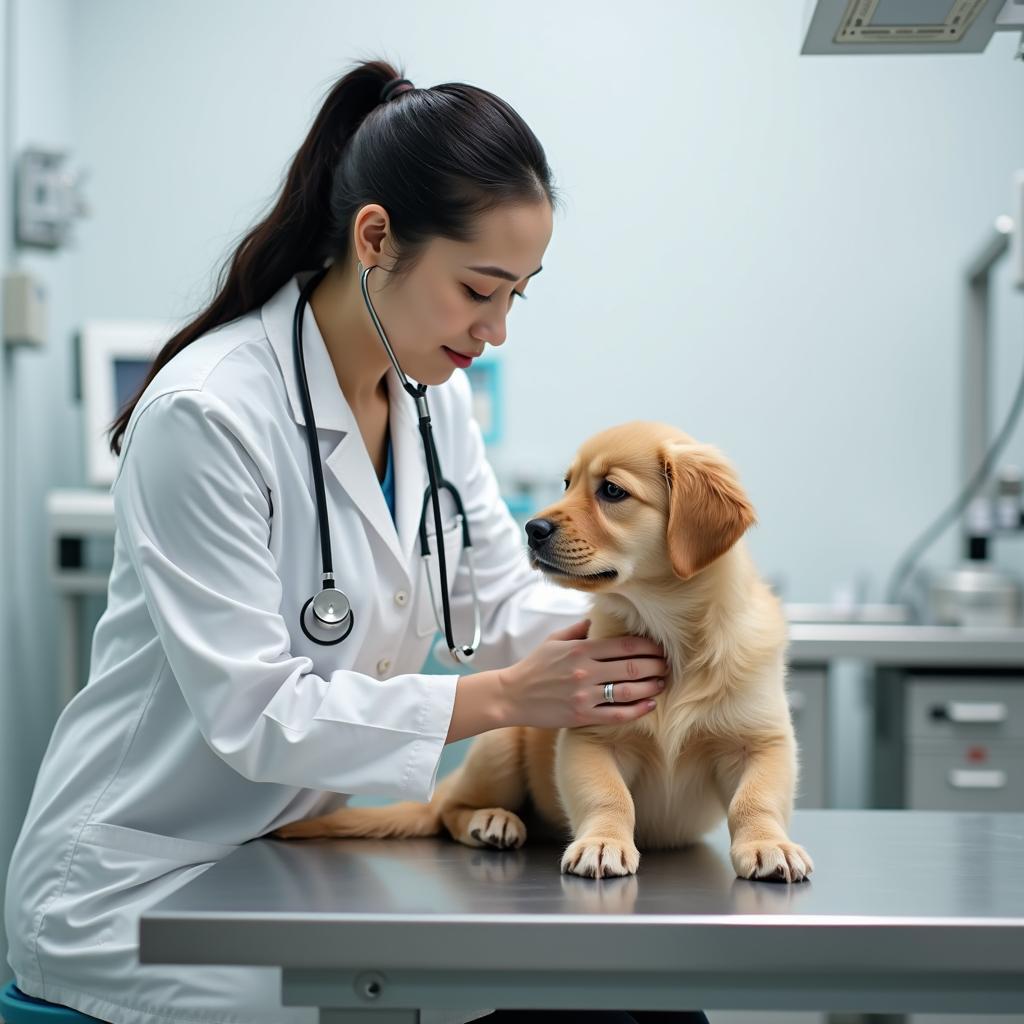 Bác sĩ thú y đang tận tâm thăm khám cho một chú chó trên bàn khám tại Trạm Thú Y quận 3, 226A Lý Chính Thắng.