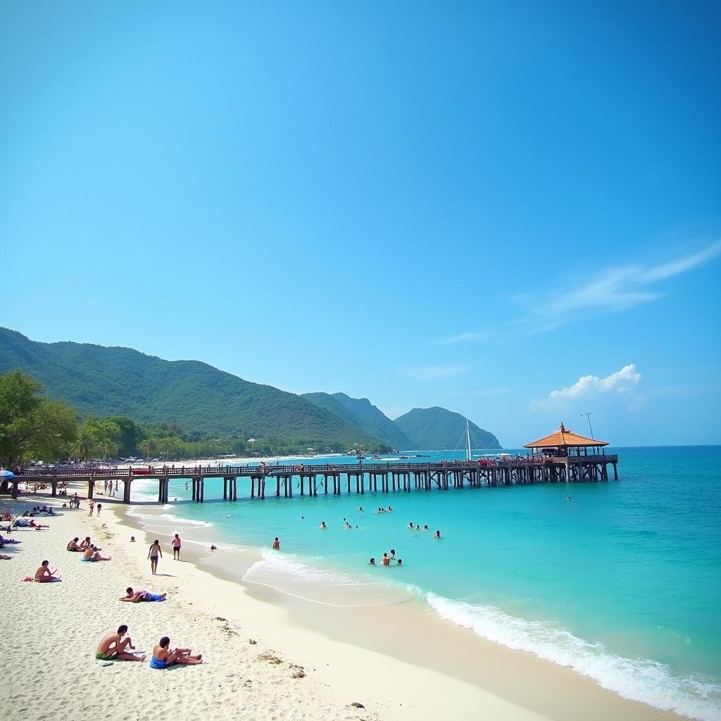 Toàn cảnh bãi biển Bãi Chồng tại Cù Lao Chàm, xã Tân Hiệp, thành phố Hội An với cầu gỗ và làn nước trong xanh