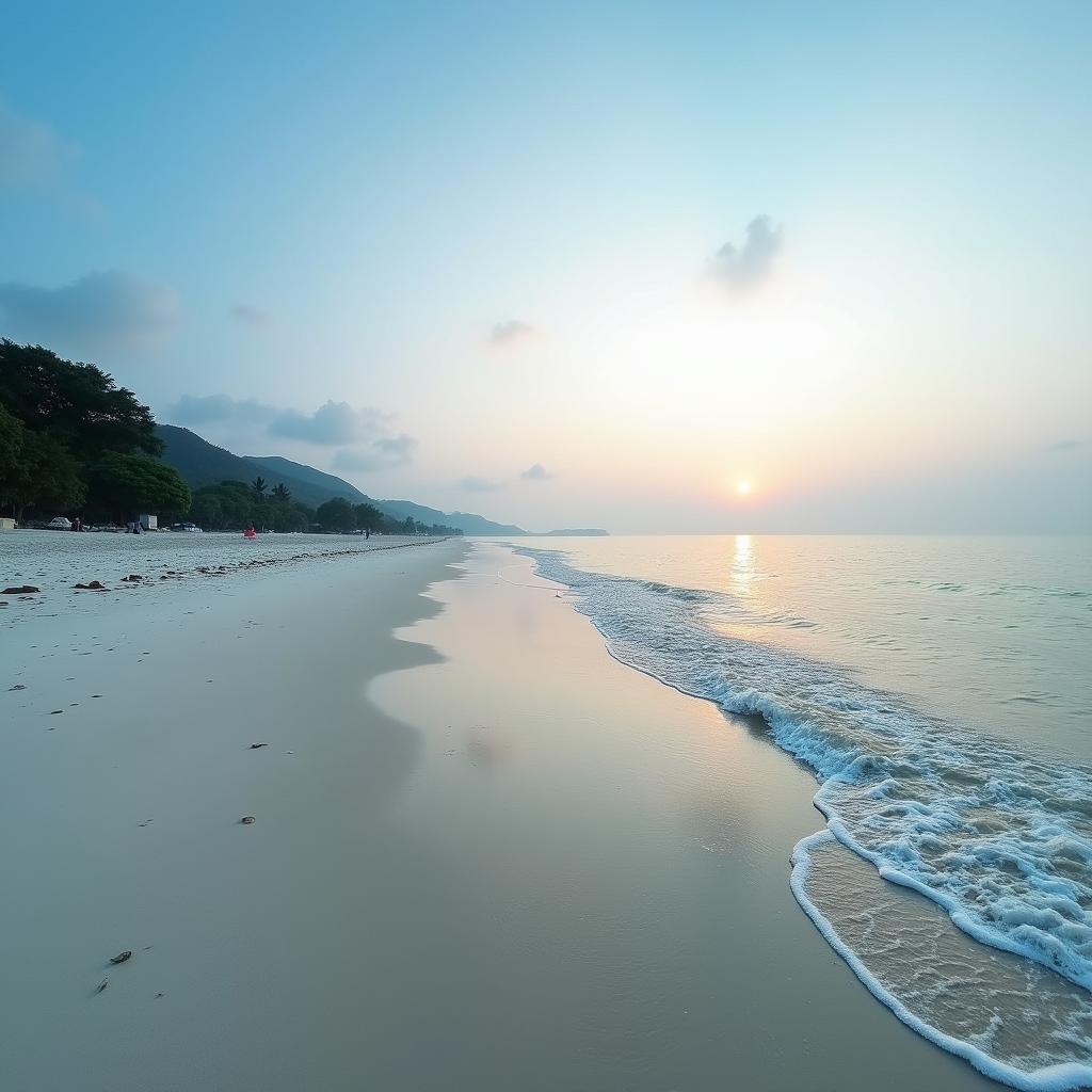 Bãi biển Mỹ Khê gần đường Phan Tứ, quận Ngũ Hành Sơn vào lúc bình minh, với bãi cát trắng mịn và làn nước trong xanh, ít người.