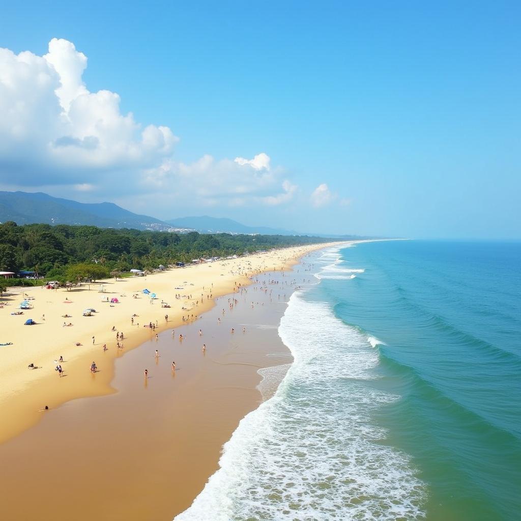 Bãi Sau Vũng Tàu gần Phường Tam Thắng với bãi cát vàng trải dài, nước biển trong xanh và nhiều du khách đang tắm biển.