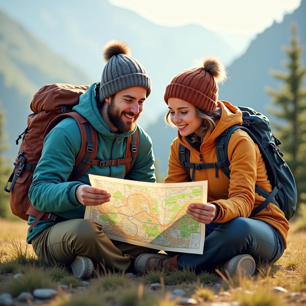 Hai người bạn thân đang ngồi cùng nhau xem bản đồ, lên kế hoạch chi tiết cho chuyến đi trekking sắp tới, thể hiện sự hợp tác và vun đắp tình bạn.