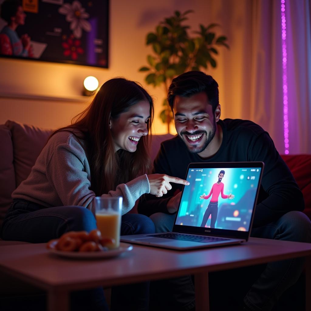 Hai người bạn thân quen qua Twitch đang cùng nhau xem stream và thảo luận sôi nổi, thể hiện sự kết nối từ online đến offline.