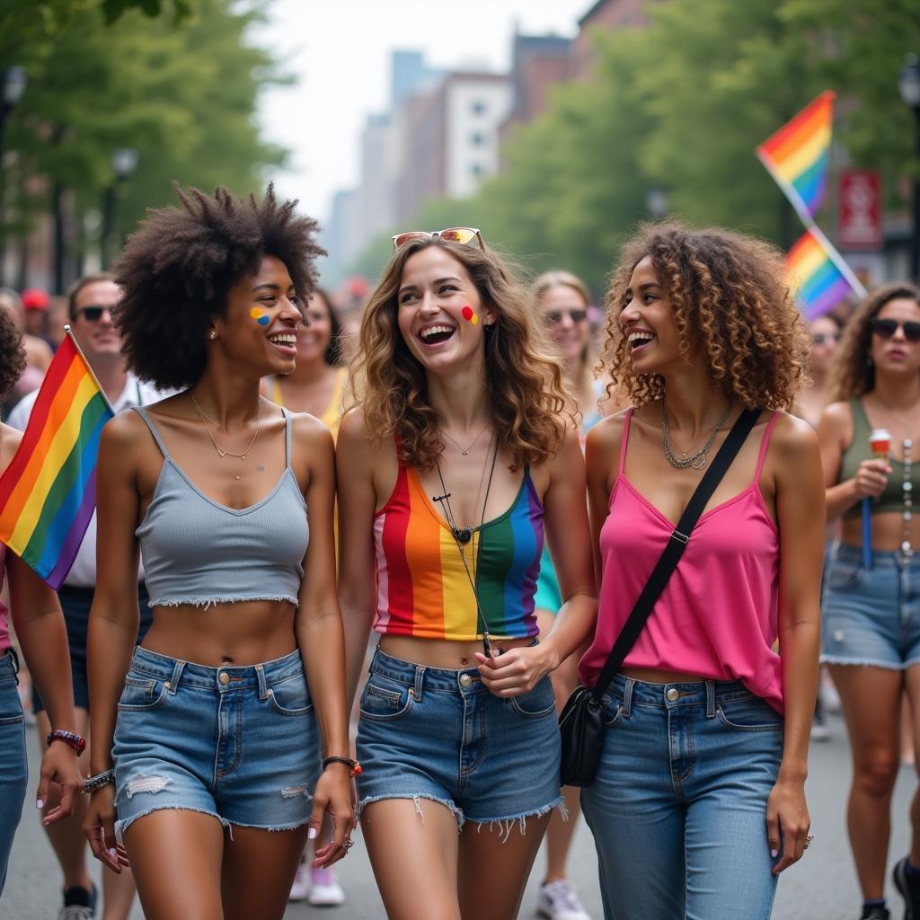Một nhóm bạn thân đang vui vẻ tham gia diễu hành Pride, thể hiện sự ủng hộ và tình đoàn kết dành cho cộng đồng LGBTQ+
