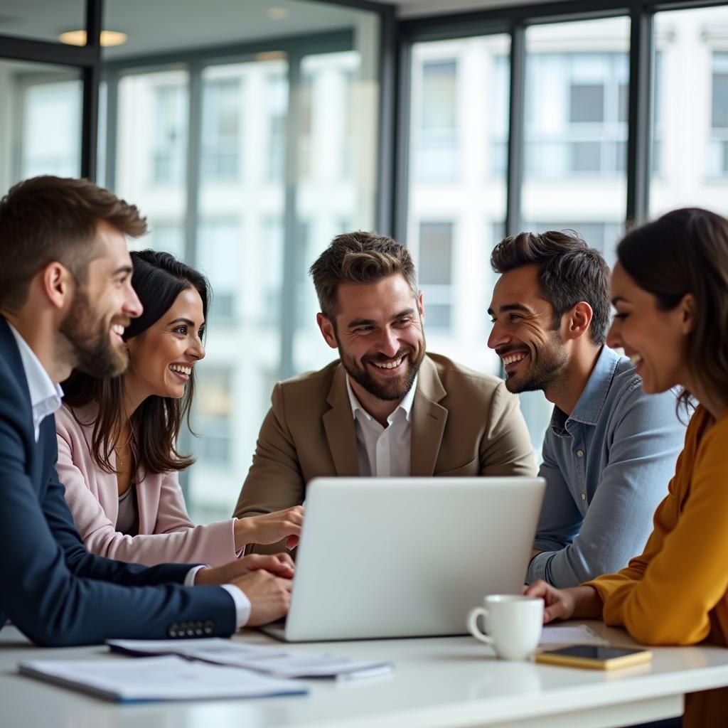 Nhóm bạn bè đồng nghiệp thân thiện cùng nhau trao đổi công việc và trò chuyện vui vẻ trong một không gian văn phòng hiện đại, thể hiện tình bạn nơi công sở.