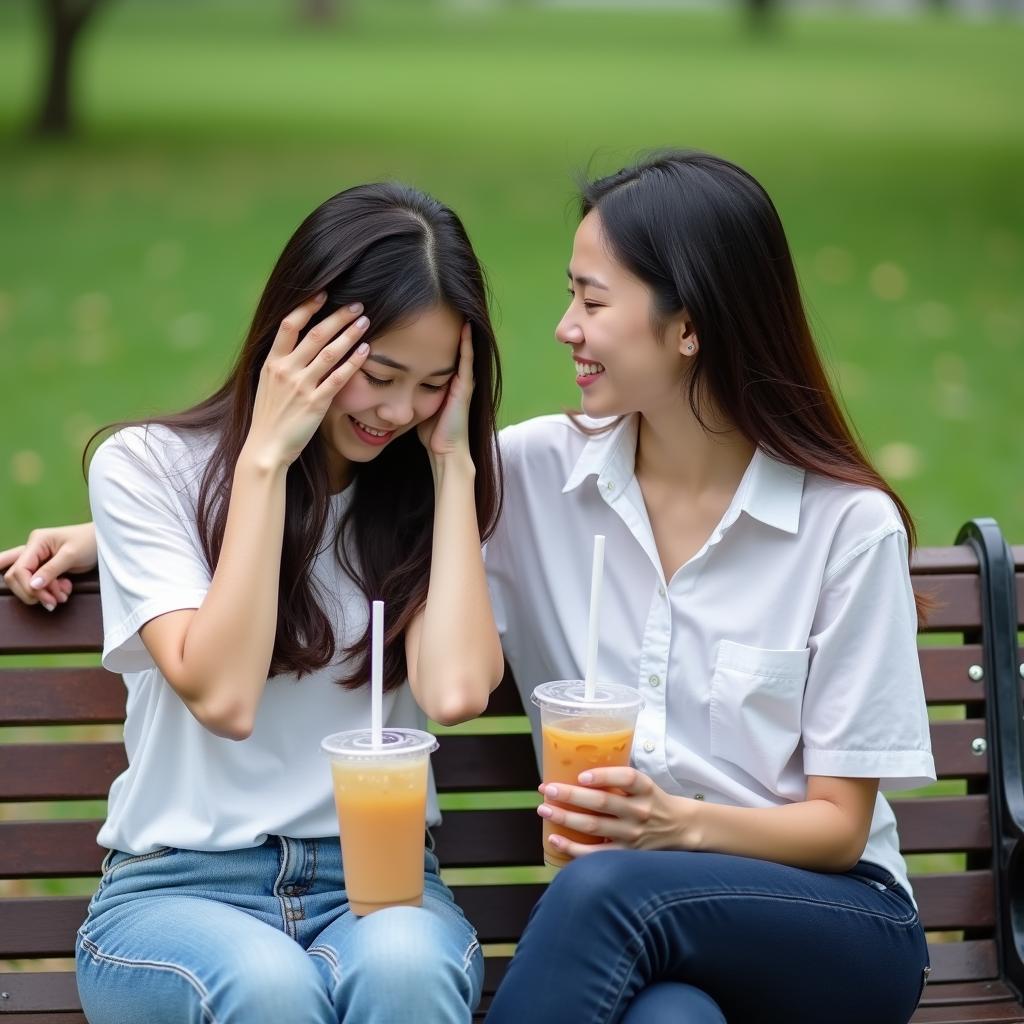 Người bạn thân an ủi, động viên bạn mình đang căng thẳng vì áp lực thi cử, thể hiện sự thấu hiểu và hỗ trợ tinh thần.