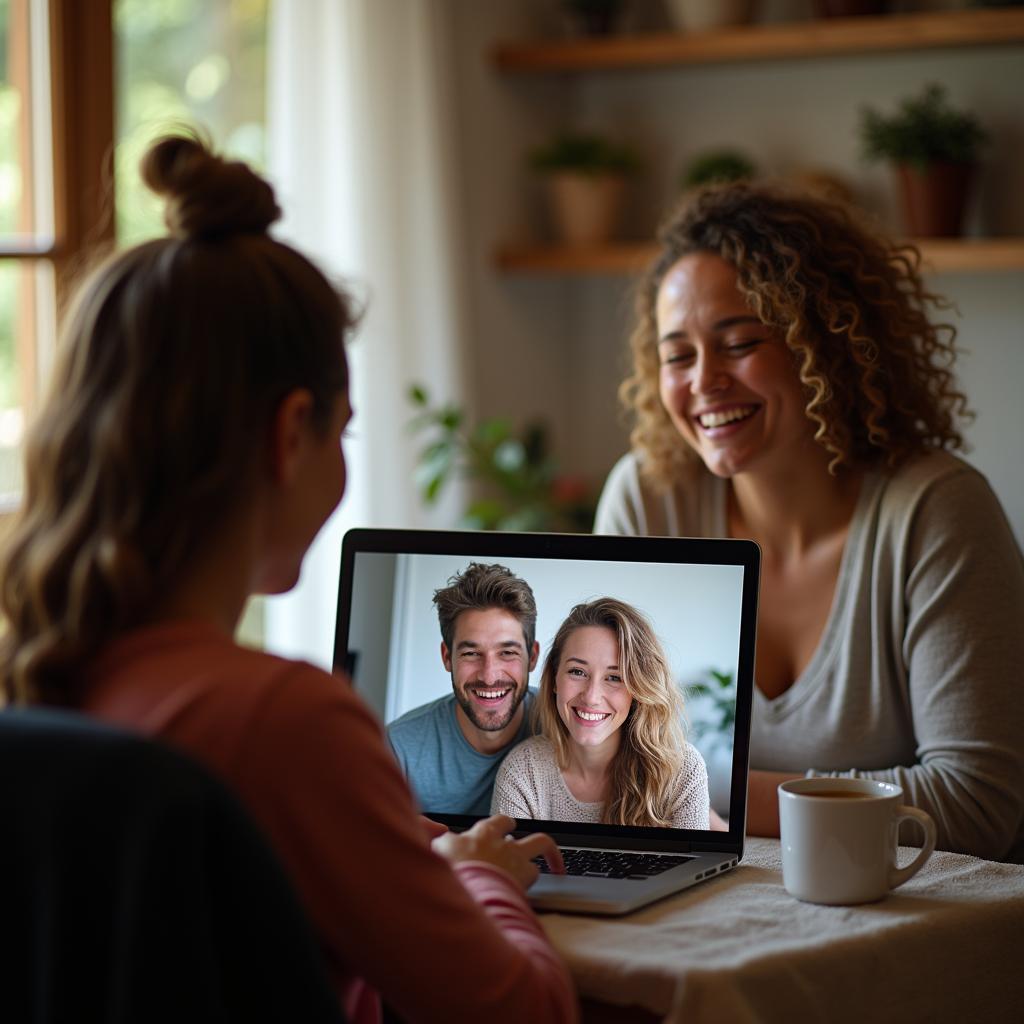 Hai người bạn thân, một nam một nữ, đang gọi video cho nhau từ hai địa điểm khác nhau, cùng nhìn vào màn hình và cười vui vẻ khi chia sẻ những kỷ niệm.