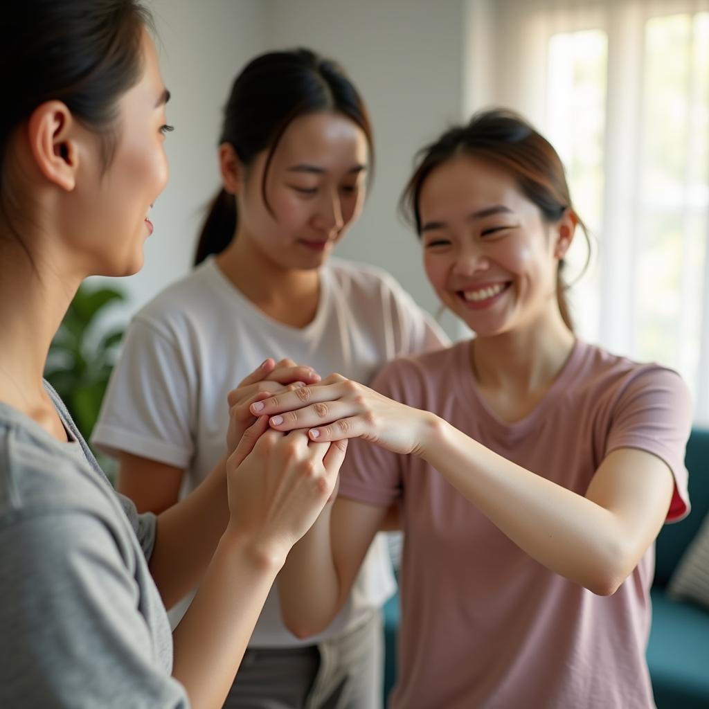 Một người bạn đang tận tình giúp đỡ bạn mình thực hiện bài tập vật lý trị liệu tại nhà, thể hiện sự quan tâm và hỗ trợ.