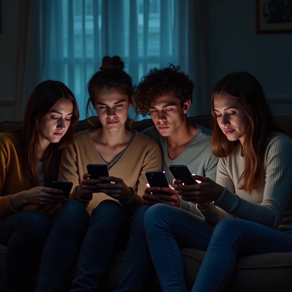 Hình ảnh nhóm bạn mỗi người một chiếc điện thoại lướt Facebook, minh họa cho sự xa cách trong tình bạn trên Facebook.