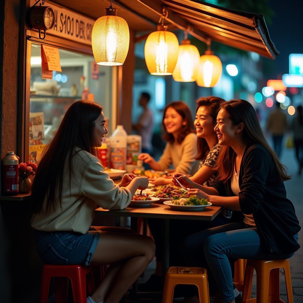 Hình ảnh nhóm bạn thân quốc tế đang vui vẻ thưởng thức ẩm thực đường phố Việt Nam trong một buổi hẹn gặp ý nghĩa.