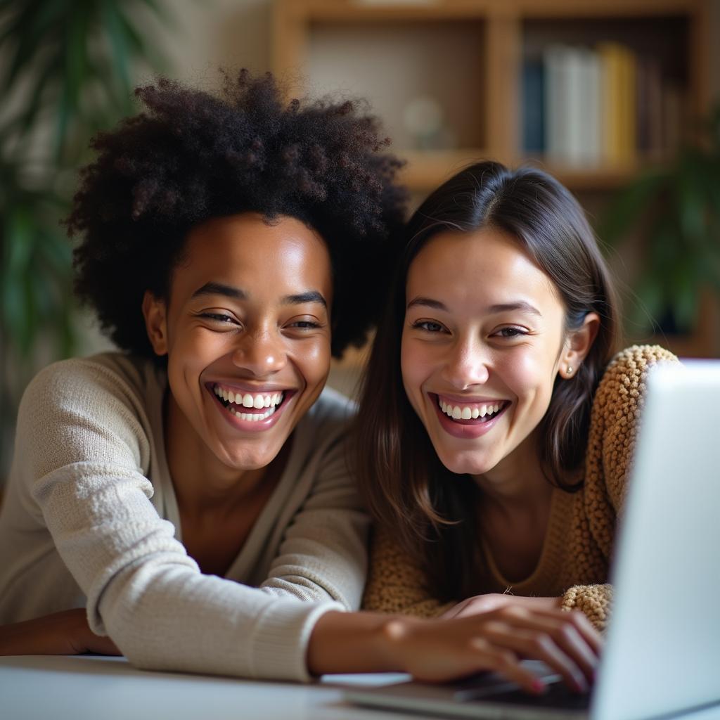 Hai người bạn từ hai nền văn hóa khác nhau đang trò chuyện vui vẻ qua video call, biểu tượng của tình bạn vượt biên giới.