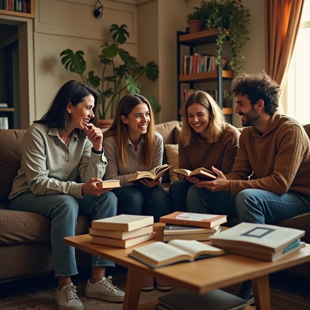 Nhóm bạn thân đang ngồi trên sofa, cùng nhau thảo luận sôi nổi về một quyển sách và cười đùa vui vẻ