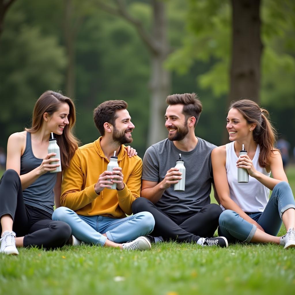 Nhóm bạn bè ngồi nghỉ ngơi, uống nước và trò chuyện vui vẻ sau buổi hẹn chạy bộ cuối tuần