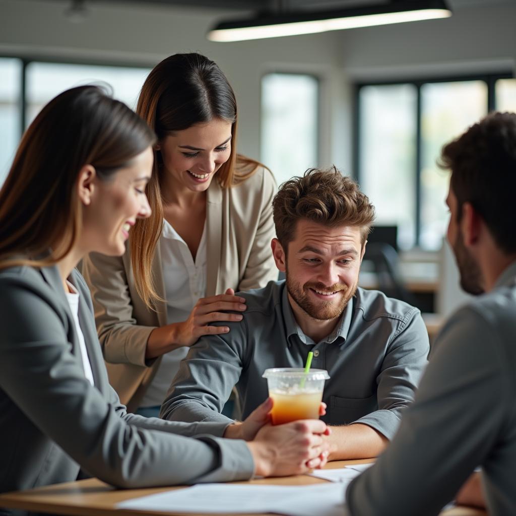 Hình ảnh bạn đồng nghiệp an ủi, động viên nhau vượt qua áp lực công việc trong văn phòng.