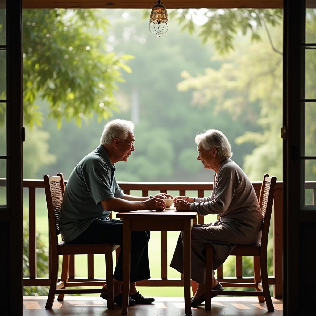 Đôi bạn già thân thiết hạnh phúc tận hưởng tuổi xế chiều bên tách trà nóng, minh chứng cho tình bạn bền chặt.