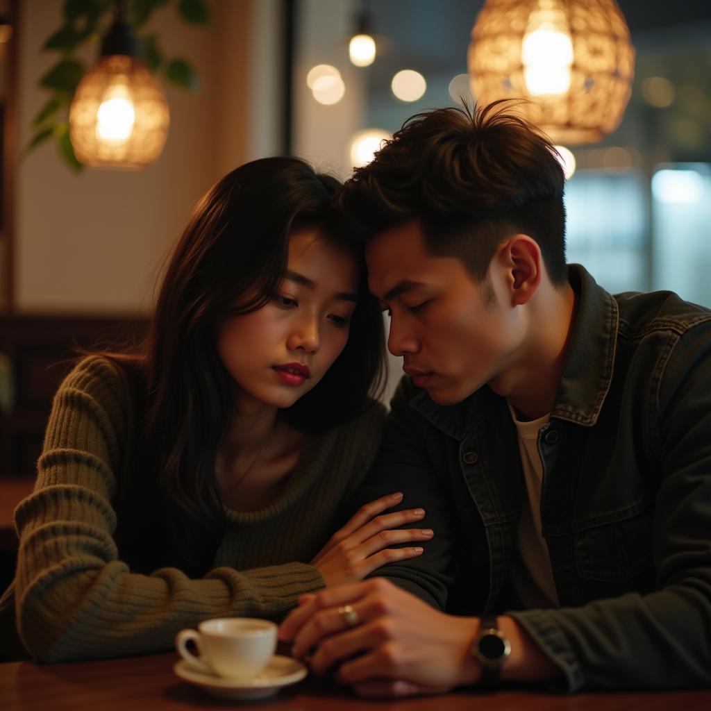 Một cô gái đang chân thành lắng nghe và an ủi người bạn thân khác giới đang buồn bã vì thất tình.
