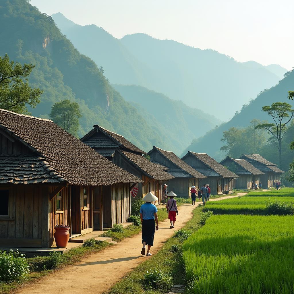 Khung cảnh một bản làng dân tộc Tày yên bình ở xã Việt Lâm với những ngôi nhà sàn truyền thống bên cạnh ruộng bậc thang.
