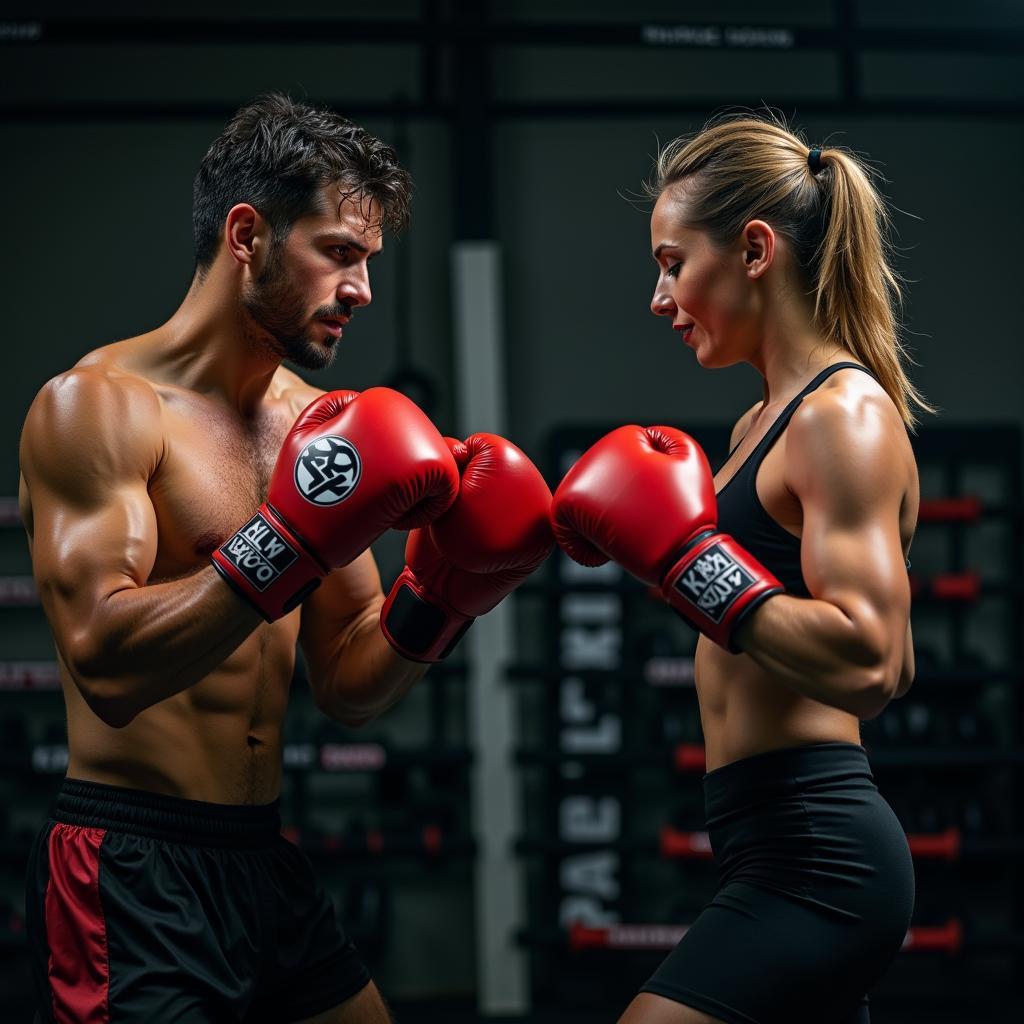 Hình ảnh một bạn tập boxing đang giữ pad cho đồng đội thực hiện các đòn đấm chính xác và đầy kỹ thuật.