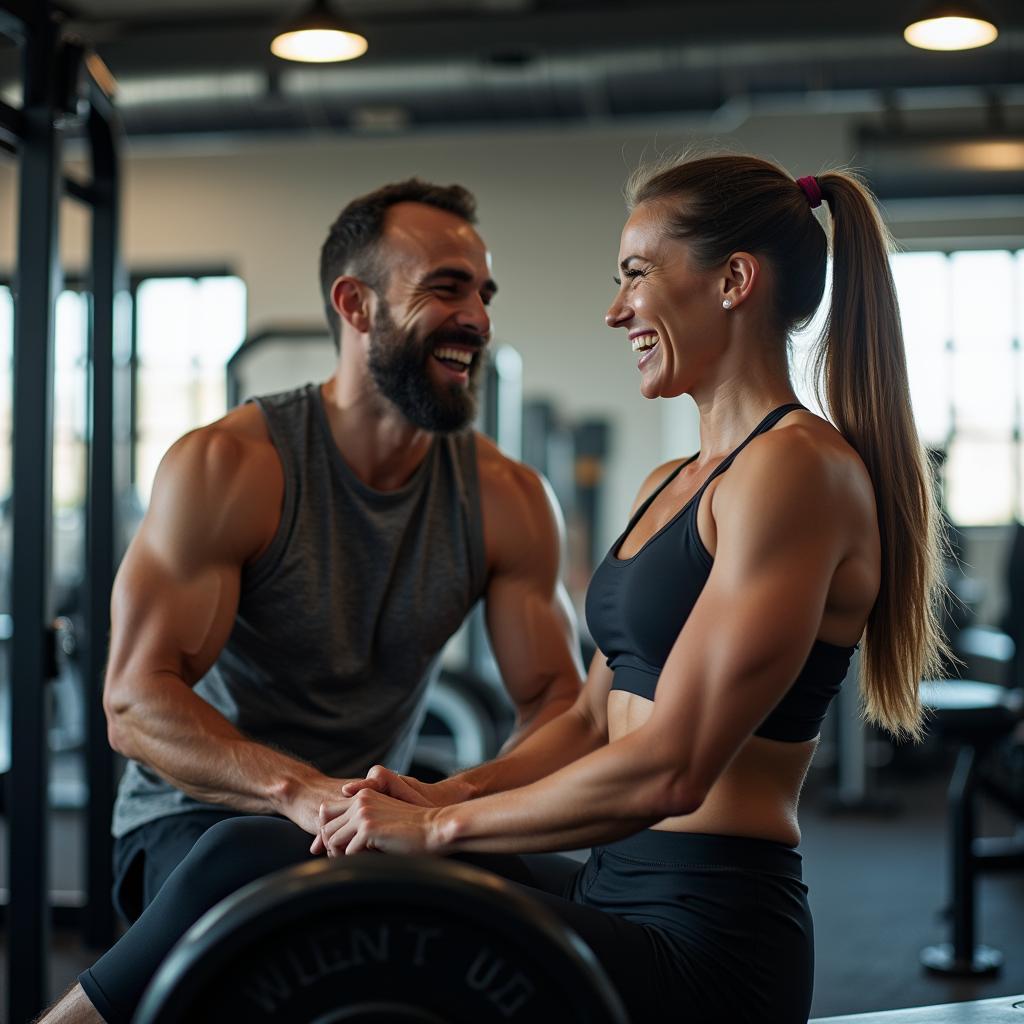 Hình ảnh bạn tập gym cùng nhau tạo động lực, một điểm hẹn gym cho bạn bè lý tưởng để gắn kết tình bạn.