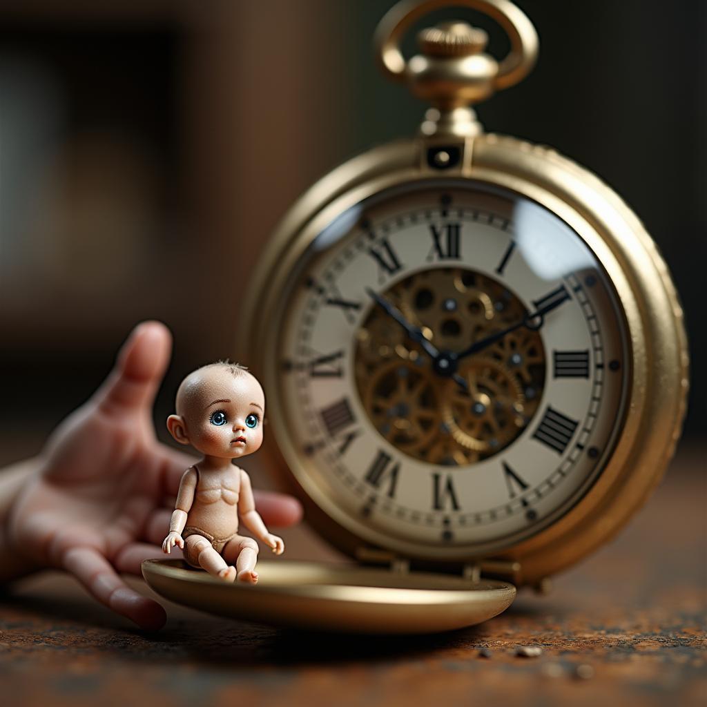 Hình ảnh ẩn dụ về giấc mơ thấy thu nhỏ cơ thể, bàn tay nhỏ bé so với chiếc đồng hồ khổng lồ, thể hiện sự trôi chảy của thời gian và áp lực cuộc sống