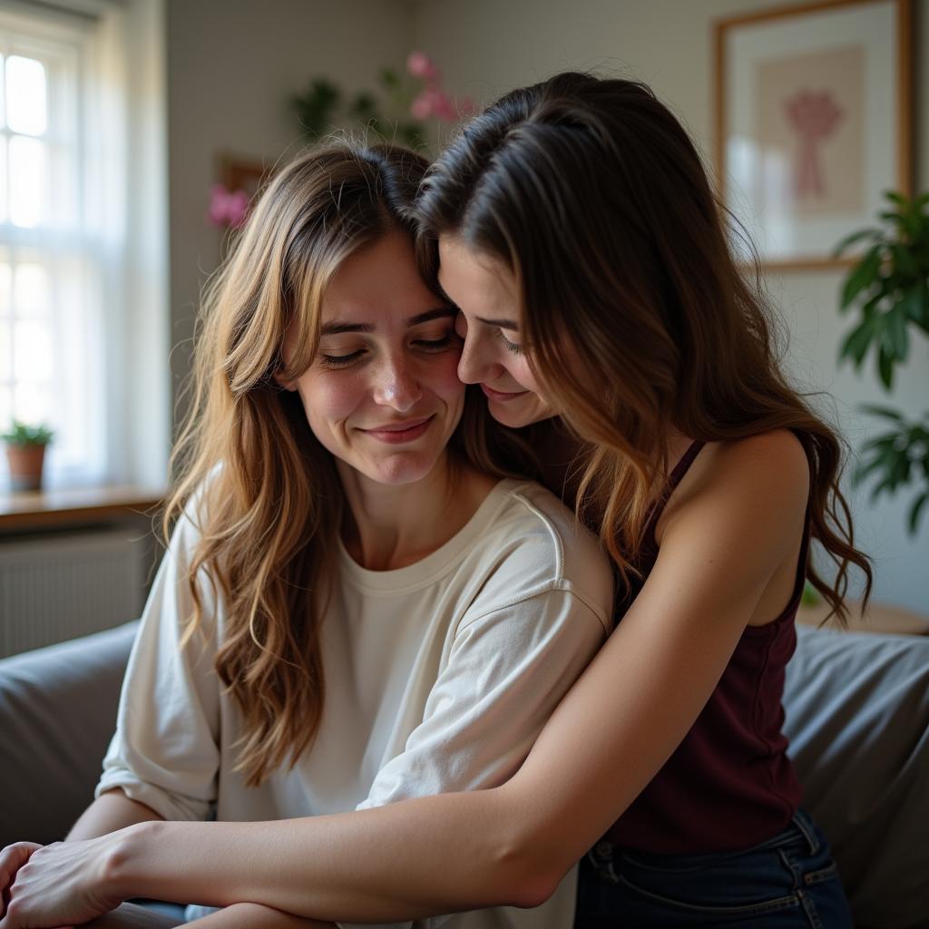Một người bạn đang an ủi người bạn của mình đang buồn, là điểm tựa vững chắc trong tình bạn thân.