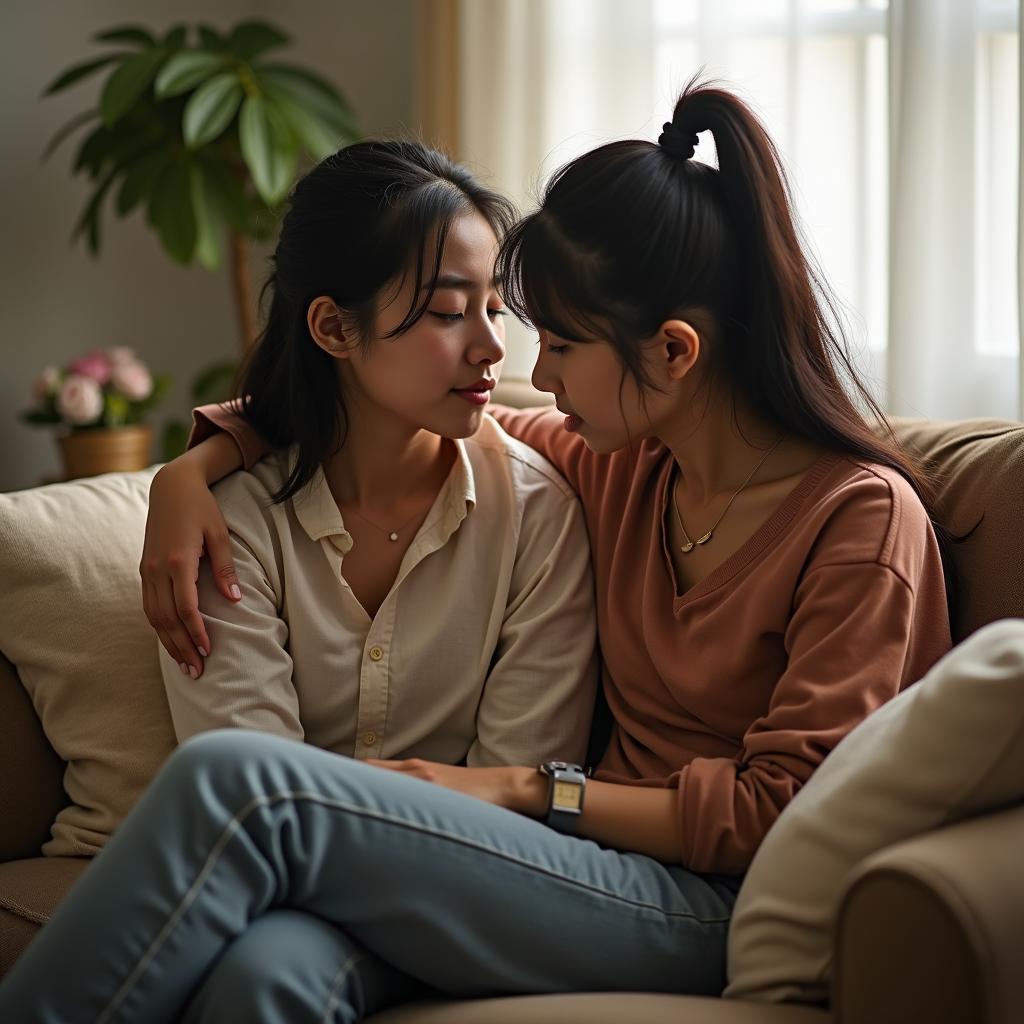 Người bạn đang an ủi, lắng nghe bạn thân LGBTQ+ của mình trong một không gian ấm cúng, thể hiện sự đồng hành thấu cảm.