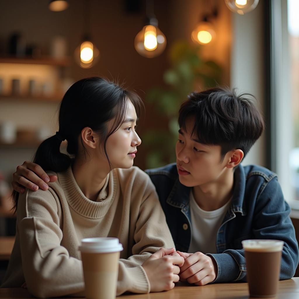 Hai bạn thân ngồi tâm sự chân thành, một người lắng nghe an ủi người còn lại đang gặp khó khăn.
