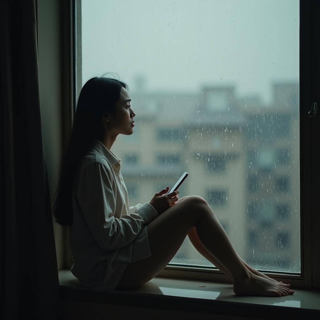Một người trẻ tuổi ngồi một mình bên cửa sổ nhìn ra ngoài trời mưa, tay cầm điện thoại, gương mặt đầy suy tư và bối rối về tình bạn đang rạn nứt