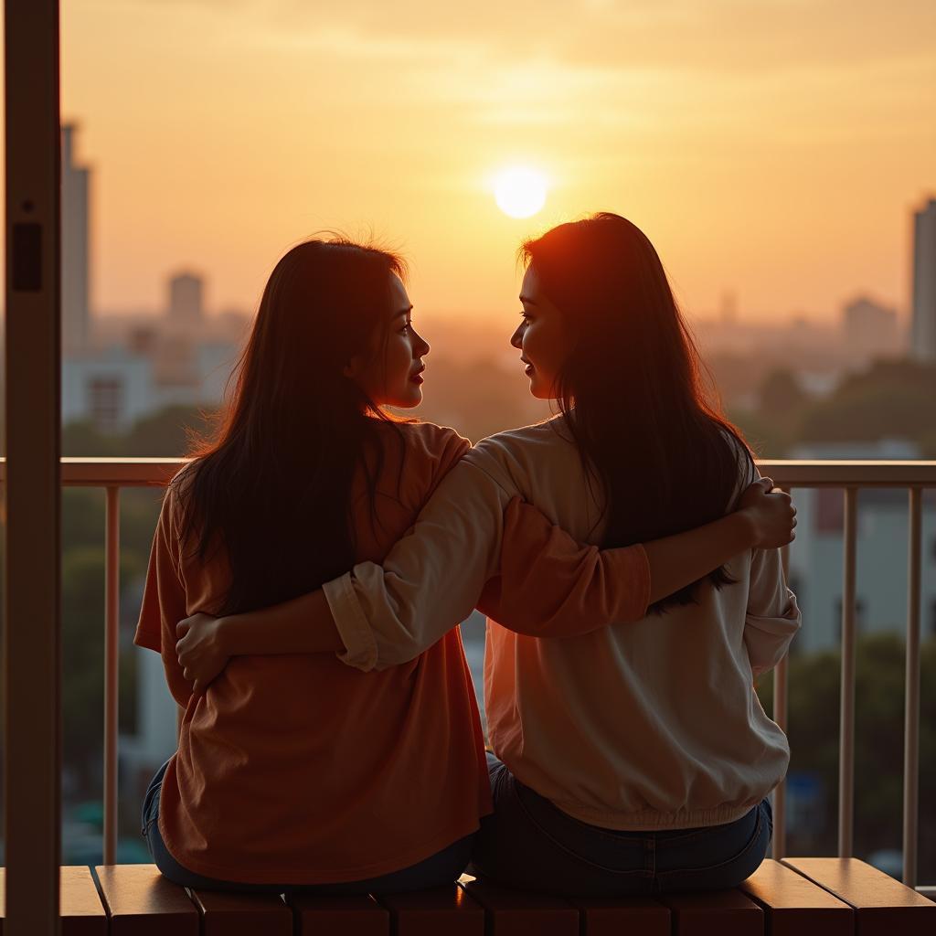 Hình ảnh hai người bạn thân an ủi nhau lúc hoàng hôn, minh chứng bạn thân là người thân, là gia đình ta lựa chọn.