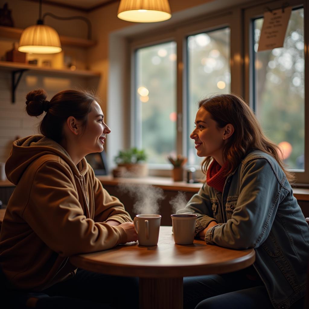 Hai người bạn thân đang trò chuyện chân thành để hòa giải, một người lắng nghe và một người đang chia sẻ trong không gian quán cà phê ấm cúng.