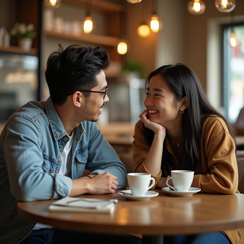 Bạn trai thân thiết đang đưa ra lời khuyên chân thành và thẳng thắn cho cô bạn thân trong không gian ấm cúng của quán cà phê.