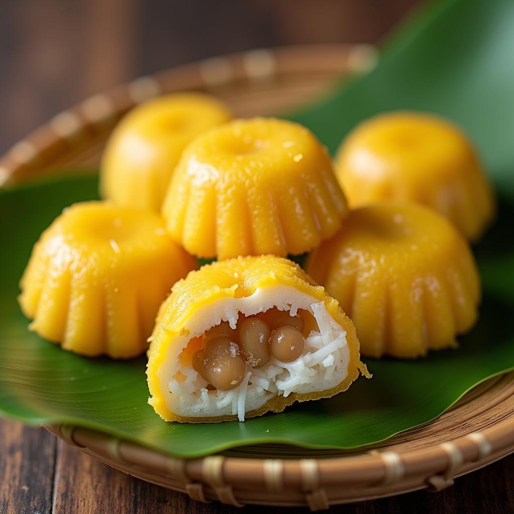 Hình ảnh cận cảnh món bánh phu thê đặc sản Đình Bảng, Từ Sơn, Bắc Ninh được bày trí đẹp mắt trên mẹt tre lót lá chuối xanh.