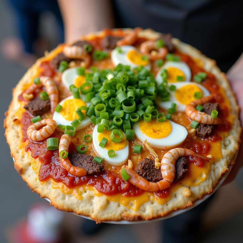 Chiếc bánh tráng nướng C002 Sài Gòn giòn rụm, đầy đặn nhân trứng, bò khô, hành lá, tép.
