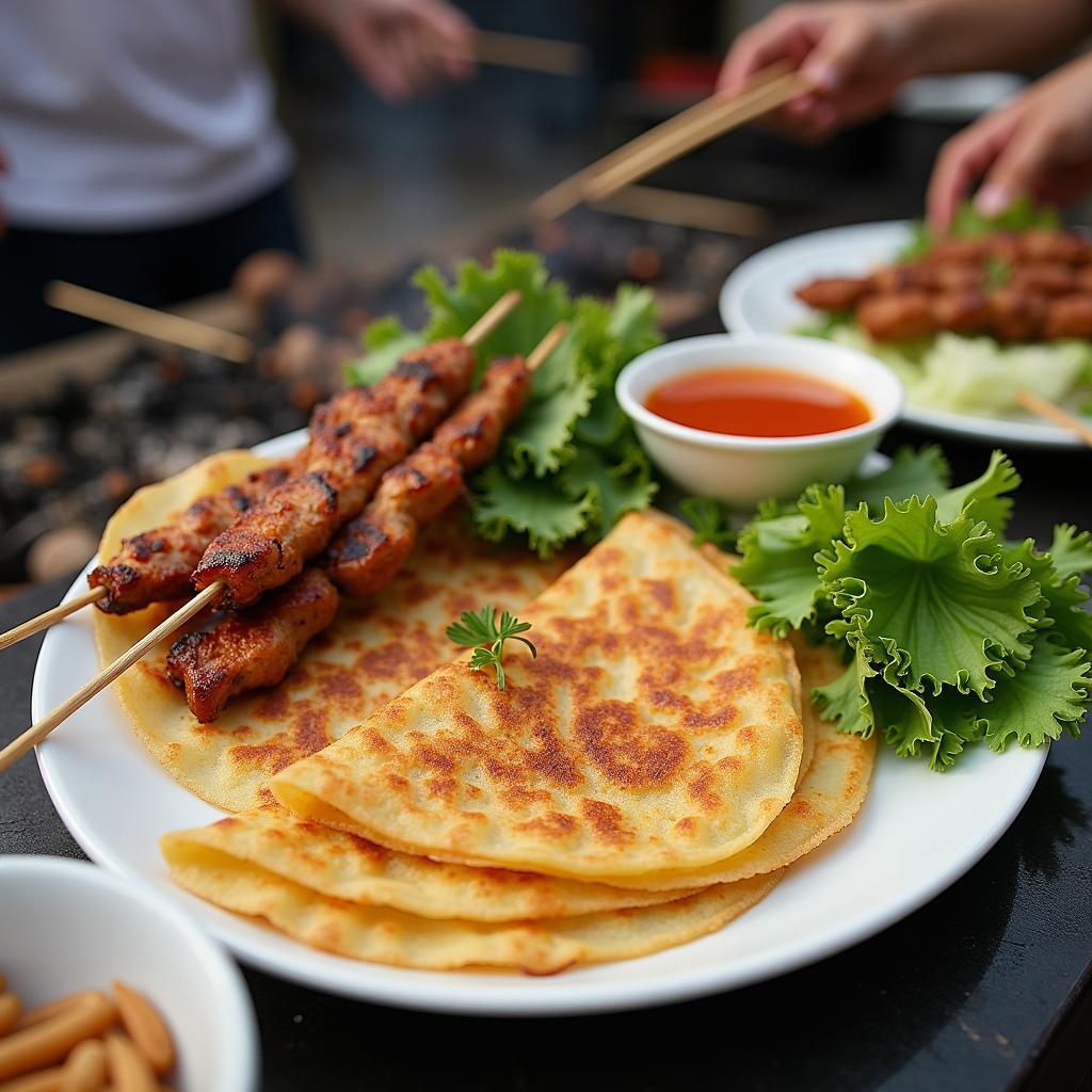 Bánh xèo giòn tan và nem lụi nướng thơm lừng, đặc sản hấp dẫn tại chợ truyền thống Đà Nẵng.